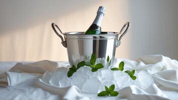 Chilled champagne in a silver bucket with mint leaves and ice on a soft white cloth backdrop photo