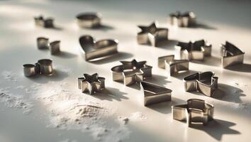 Metal cookie cutters arranged on a flour-dusted surface in warm afternoon light photo