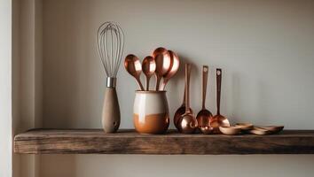 Kitchen tools displayed on a wooden shelf, showcasing a mix of copper and ceramic utensils in a cozy setting photo