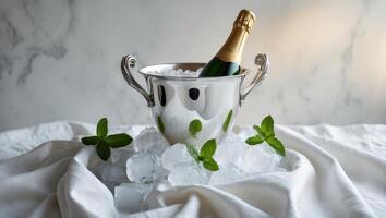 Chilled champagne bottle adorned with mint leaves in an elegant silver bucket on a soft cloth backdrop photo
