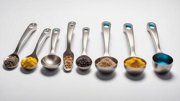 Various measuring spoons filled with spices arranged on a clean surface for culinary preparation photo