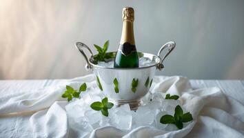 Sparkling champagne in an ice bucket with fresh mint leaves on a white table photo