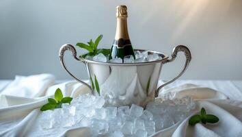 Sparkling celebration with champagne in an ice bucket surrounded by fresh mint on a white table photo