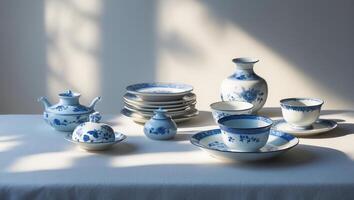 Elegant arrangement of blue and white porcelain tableware on a light-colored table in a sunlit setting photo