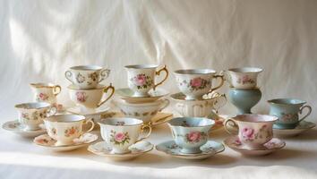 Vintage tea sets arranged in a decorative display showcasing floral patterns and elegant craftsmanship photo