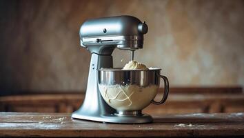 Kitchen mixer in action preparing cake batter on a wooden table with a rustic background photo