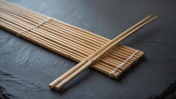 Bamboo chopsticks resting on a bamboo placemat, displayed on a dark stone surface for asian dining photo
