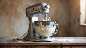 Mixing batter in a kitchen with natural light highlighting a silver mixer and a bowl on a wooden table photo