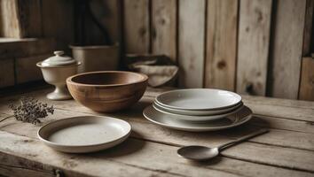 Natural wooden and ceramic tableware arranged on a rustic table in a cozy kitchen setting during daylight photo