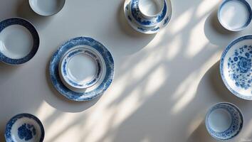 Elegant blue and white tableware arranged on a flat surface with soft shadows during daylight photo