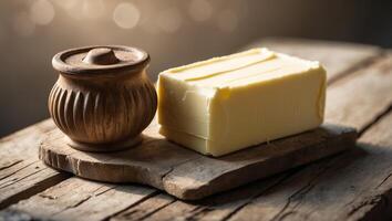 Fresh butter block and small ceramic pot on wooden rustic surface, ingredients for cooking or baking preparation photo