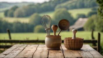 Rustic kitchen utensils displayed on a wooden table overlooking rural landscape photo