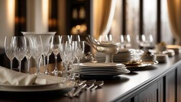 Elegant table setting features crystal glasses and fine china in a dining room photo