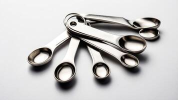 Stainless steel measuring spoons arranged in a circular pattern on a white surface for culinary use photo