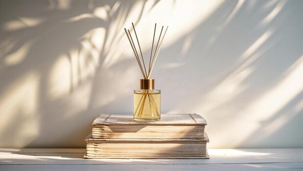 Scented diffuser placed on stacked books with soft light and shadow effects in a cozy setting photo
