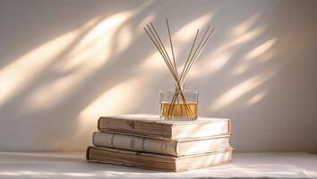 Diffuser with reeds placed on stacked vintage books in soft afternoon light creating a cozy atmosphere photo