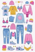Colorful collection of casual clothing and accessories displayed for a summer wardrobe update photo