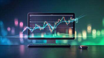 Display of stock market trends on a computer screen with vibrant lights in the background at night photo