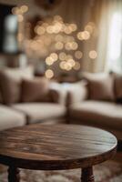 Cozy living room featuring a wooden table and softly lit bokeh background during a tranquil evening photo