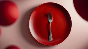Red plate with a silver fork arranged elegantly for a dining experience photo