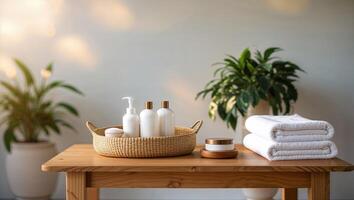 Relaxing spa setup with natural elements, featuring towels and skincare products on a wooden table photo