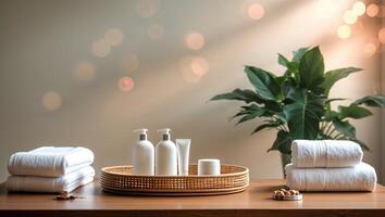 Relaxing spa setup with towels, skincare products, and a plant in a calming atmosphere photo