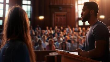 Individuals engage in a public speaking event in a large auditorium during a well-attended assembly photo