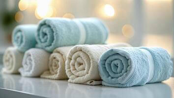 Freshly rolled towels arranged neatly in a serene bathroom during the daytime photo
