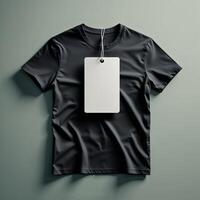 Stylish black t-shirt displayed on a neutral background with a blank tag attached for personalized branding opportunities photo