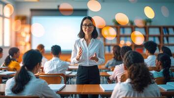 Engaging instructor leads an interactive class in a well-lit educational setting during the day photo