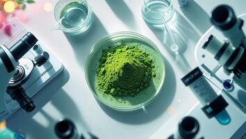 Green powder in a lab setting surrounded by microscopes and glassware during a research experiment on natural substances photo