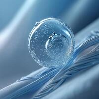 Bubbles in a crystal sphere float on a soft blue fabric in a tranquil setting photo