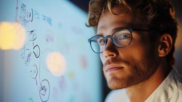 Young man focused on brainstorming session near a digital whiteboard in modern workspace during evening hours photo