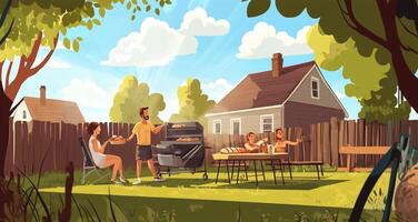 Family gathering in a backyard barbecue setting during a sunny afternoon in a suburban neighborhood photo