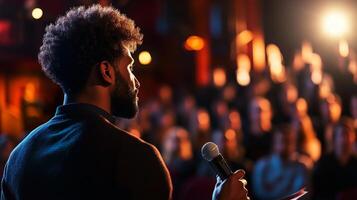 Speaker engages audience at night event in a well-lit venue photo