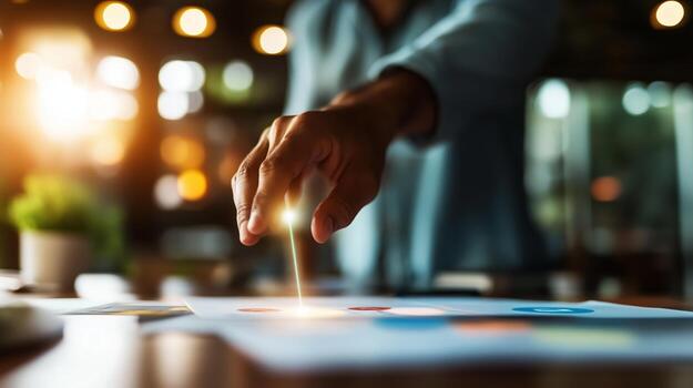 Using a digital interface during a brainstorming session in an urban coffee shop with warm lighting photo