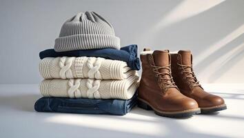 Warm winter clothing essentials stacked neatly with stylish boots in a cozy indoor setting photo