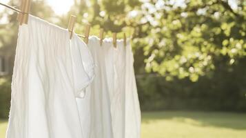 Clean white laundry hanging on a clothesline in a sunlit garden during a warm afternoon photo