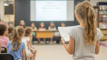 Children participate in a classroom presentation with one girl reading in front of peers during a school event photo