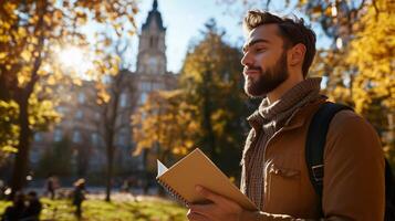 Man enjoys autumn day in city park while writing in notebook near historic building photo