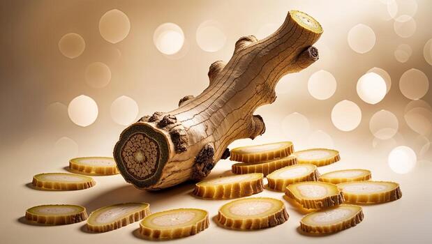 Unique display of a wooden log with cross-sections on a background of soft, blurred lights photo