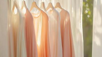Beautiful cotton blouses hanging in sunlight by a window with sheer curtains in a cozy atmosphere during the afternoon photo