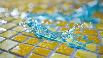 Water droplets create dynamic splashes on vibrant yellow mosaic tiles in a bright, sunlit setting photo