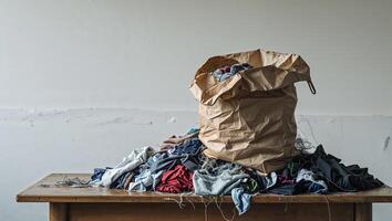 Pile of assorted clothes and fabric scraps in a brown paper bag on a wooden table during daylight hours photo