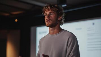Engaging speaker presents ideas in a modern setting during a corporate presentation event at night photo