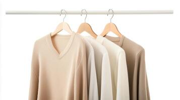 Cozy sweaters displayed on hangers in neutral colors in a minimalist setting photo