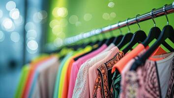Colorful clothing displays hang on racks with soft bokeh lighting in a bright retail store setting photo