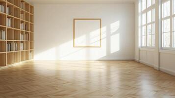 Bright, spacious gallery with wooden flooring and empty picture frame in natural light photo