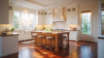 Bright and spacious kitchen filled with natural light featuring wooden island and modern design elements photo