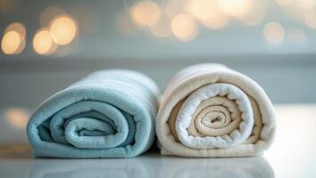 Rolled towels displayed on a countertop with a soft bokeh background, creating a serene domestic atmosphere photo
